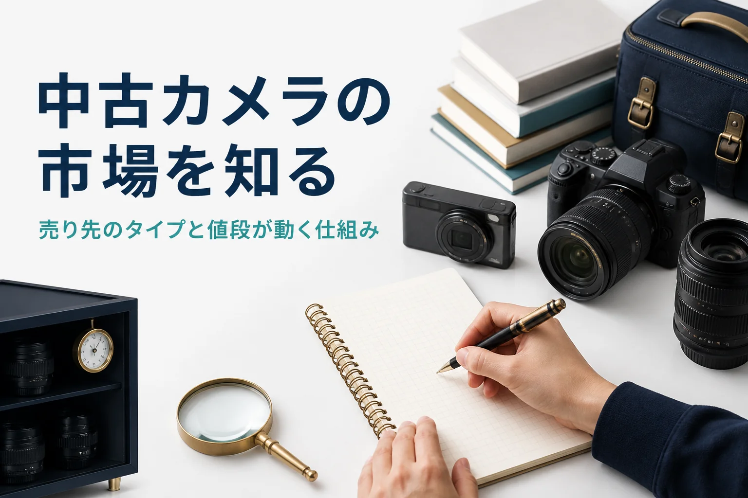 カメラと本を並べ、売り先を比べるためにノートにメモしている様子