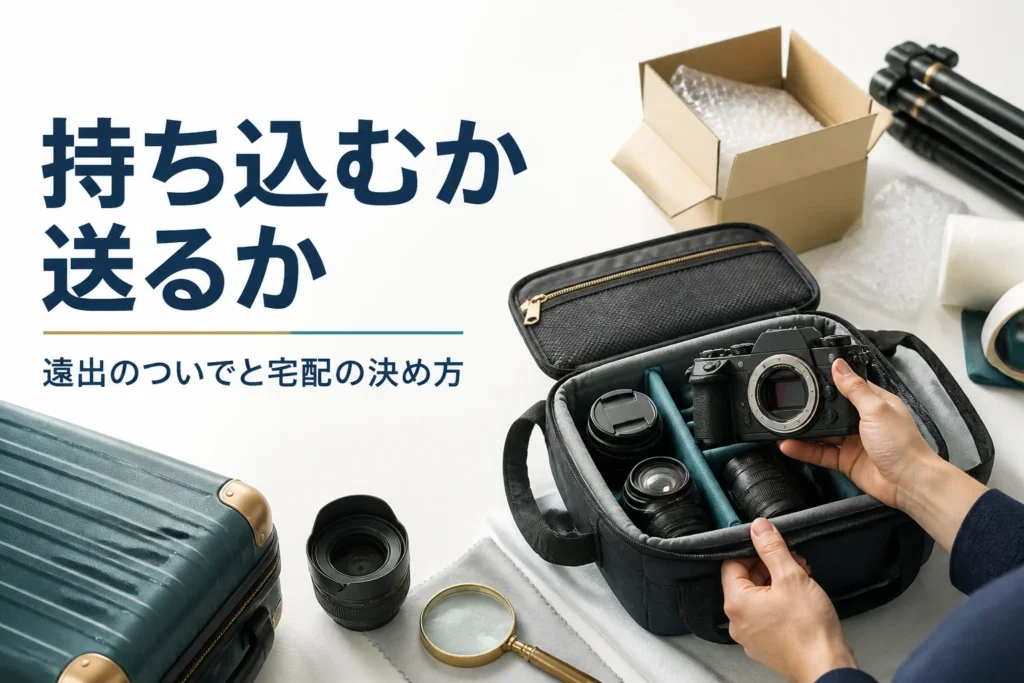 カメラバッグにミラーレスとレンズを収め、持ち込むか宅配で送るか準備している様子