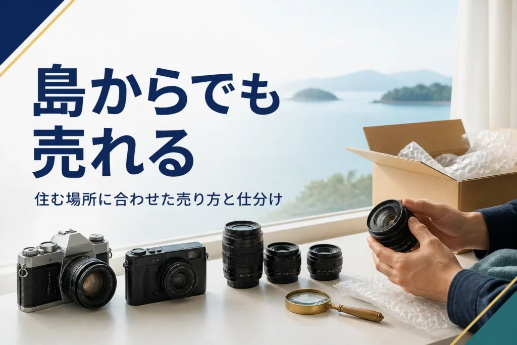 家族のカメラを品物ごとに仕分けて、宅配で送る準備をしている様子