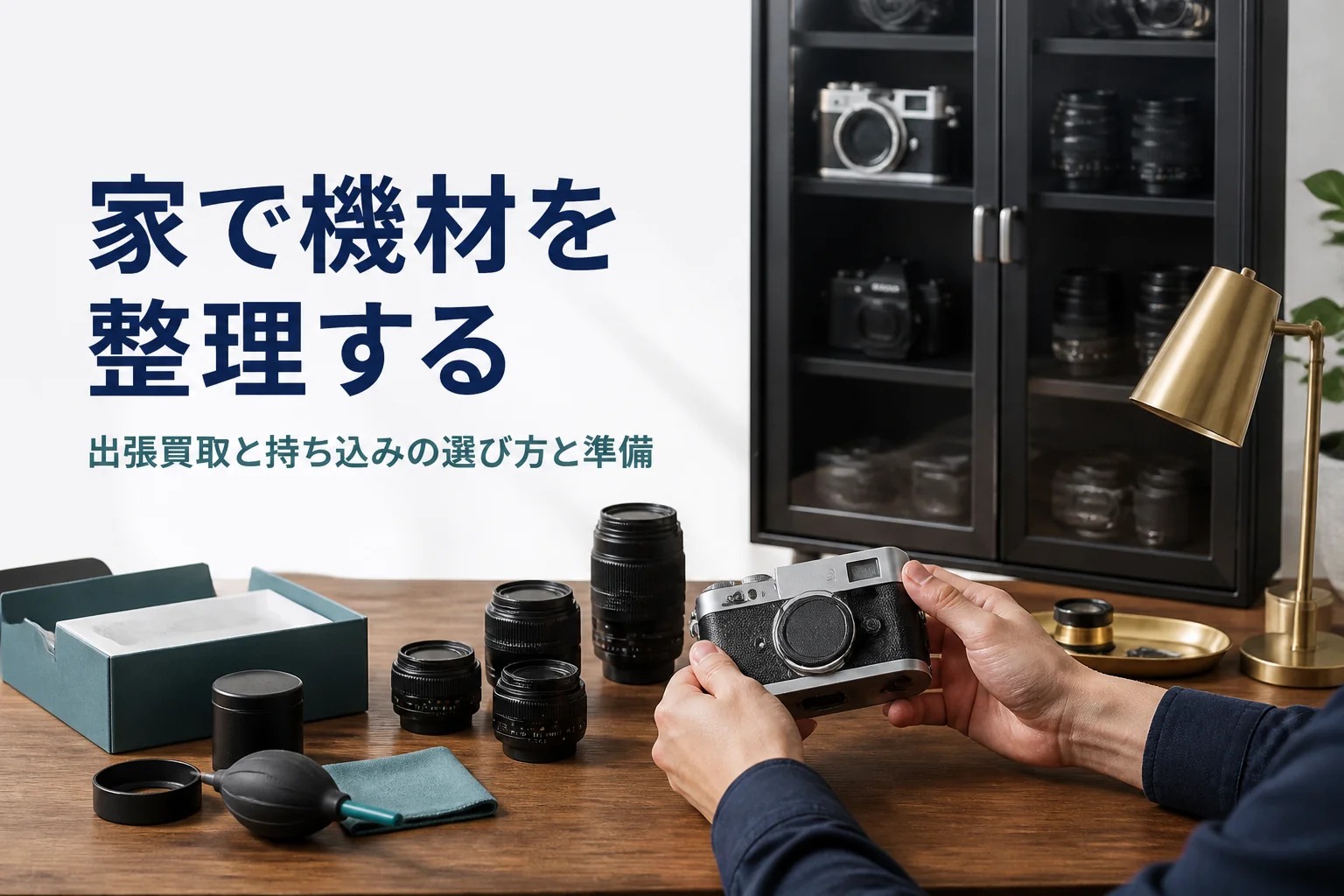 防湿庫の前でカメラとレンズ、元箱や付属品を並べて出張買取の準備をしている様子