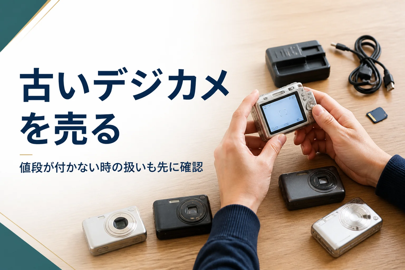 古いコンパクトデジカメと付属品を並べ、電源が入るか確かめている様子