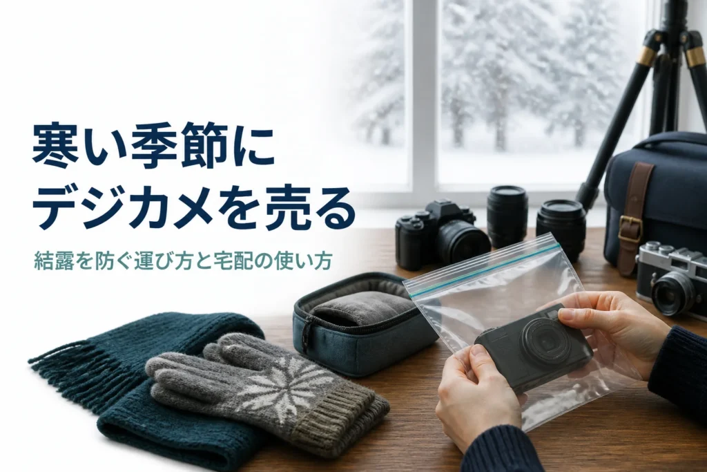 雪の日にコンパクトデジカメを密閉袋に入れ、結露を防いで持ち出す準備をしている様子