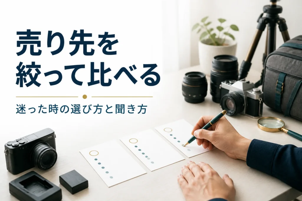 コンパクトデジカメの横で、売り先の候補をメモに書き出して絞り込んでいる様子
