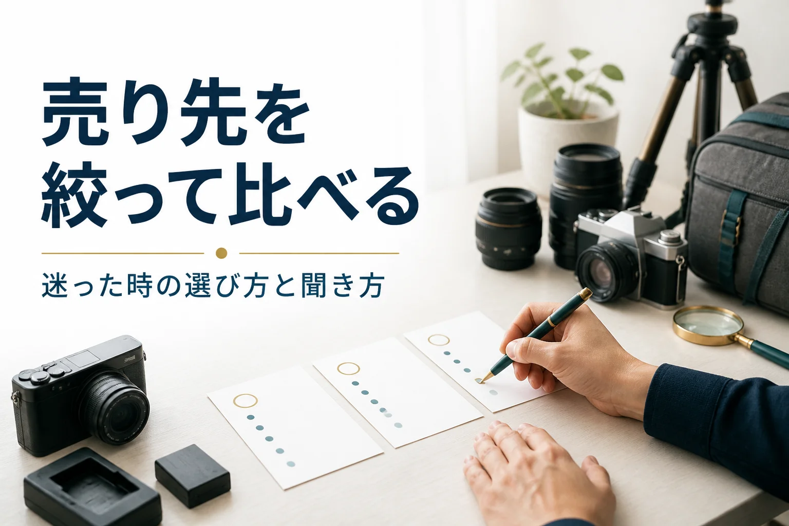 コンパクトデジカメの横で、売り先の候補をメモに書き出して絞り込んでいる様子