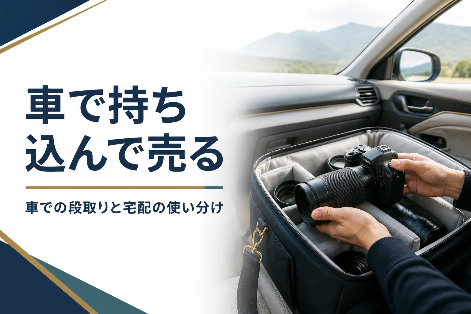 車の助手席でカメラバッグに一眼レフとレンズを収め、持ち込みの準備をしている様子