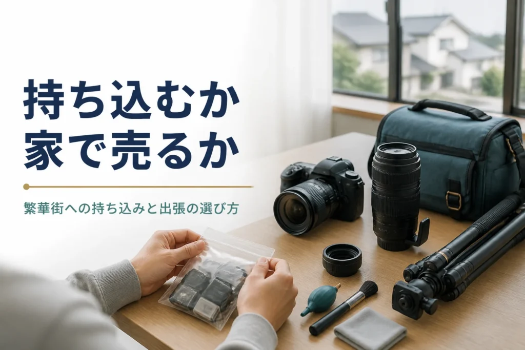 リビングで一眼レフやレンズ、三脚を並べ、出張買取か持ち込みかを準備している様子