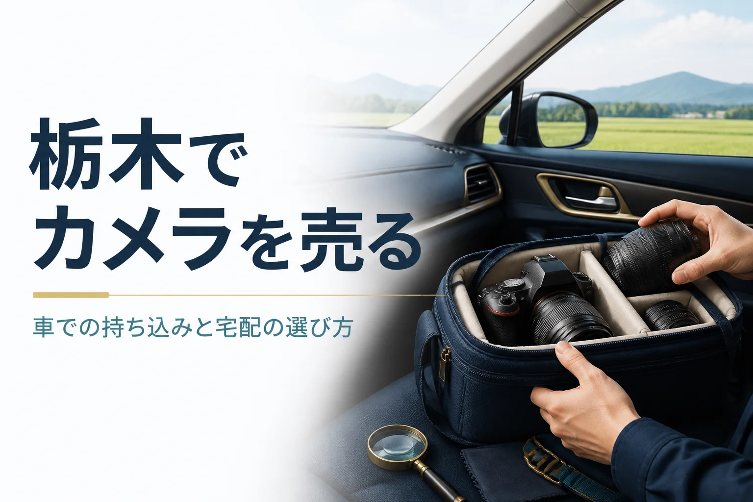 車の助手席にカメラバッグを置き、一眼レフと交換レンズを持ち込む準備をしている様子