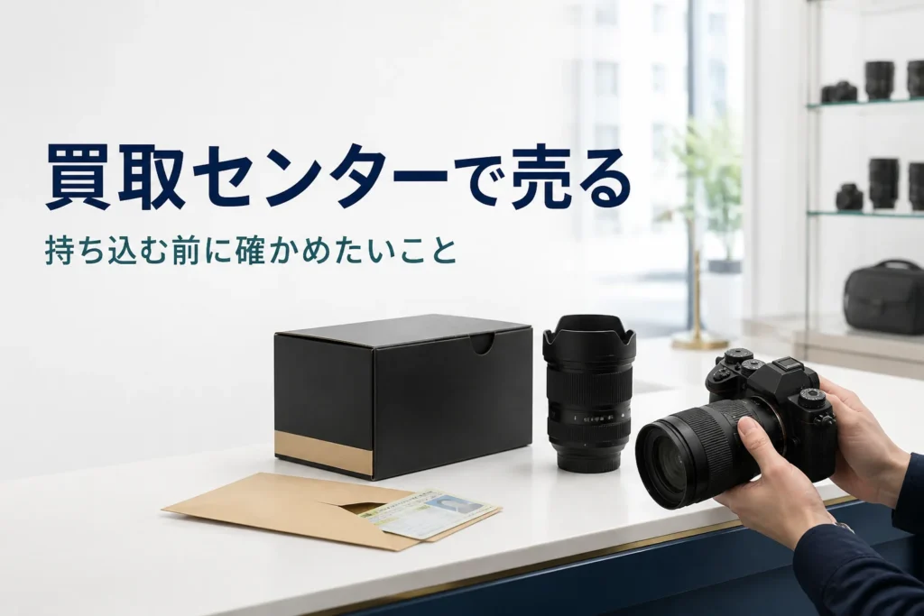 買取カウンターに一眼レフと交換レンズ、元箱を並べて査定を待つ様子