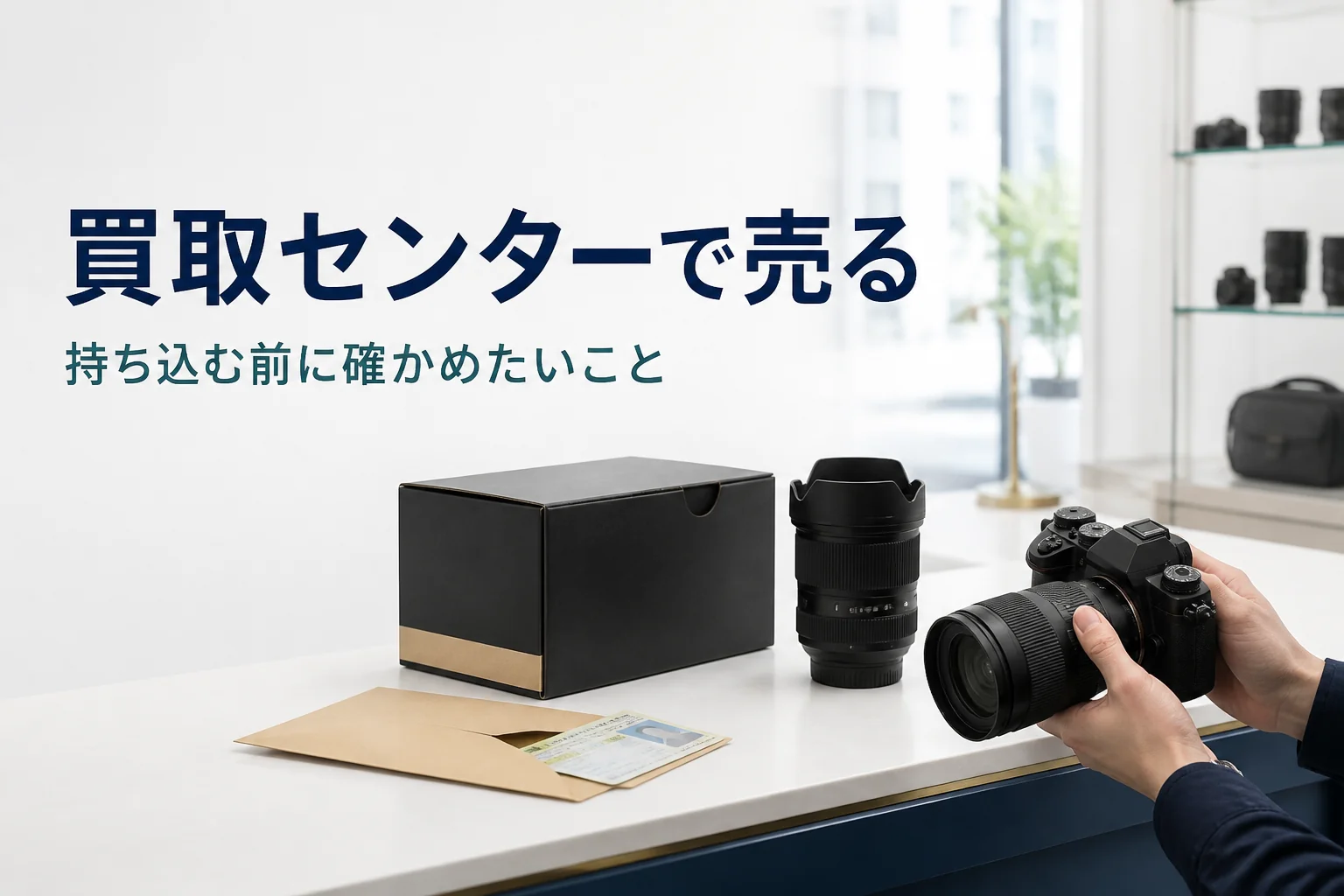 買取カウンターに一眼レフと交換レンズ、元箱を並べて査定を待つ様子
