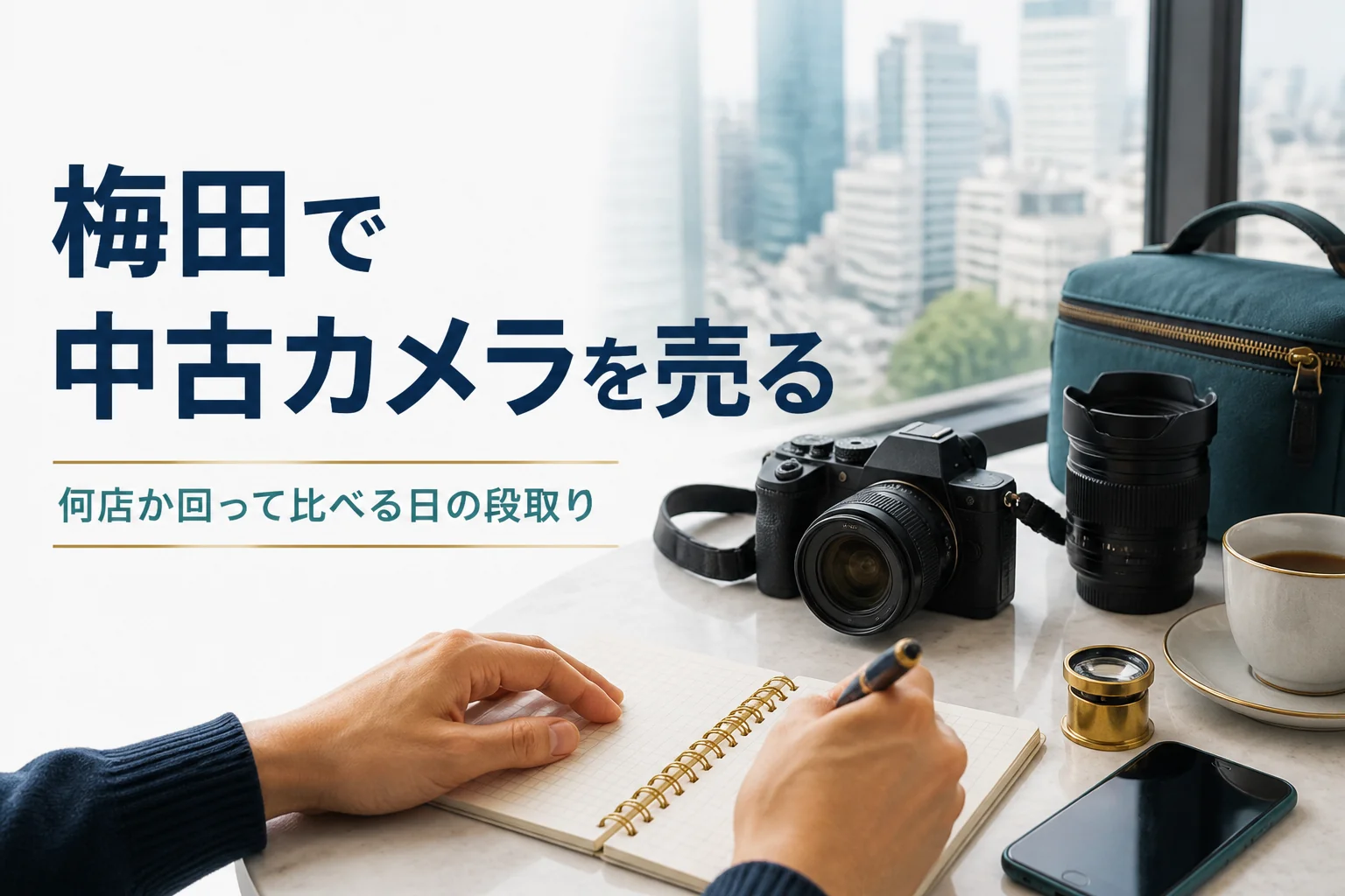 ミラーレスと交換レンズの横で、何店か回った査定メモを見比べている様子