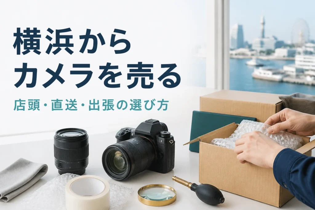 一眼レフと交換レンズを梱包キットの横に並べ、売り方を考えている様子
