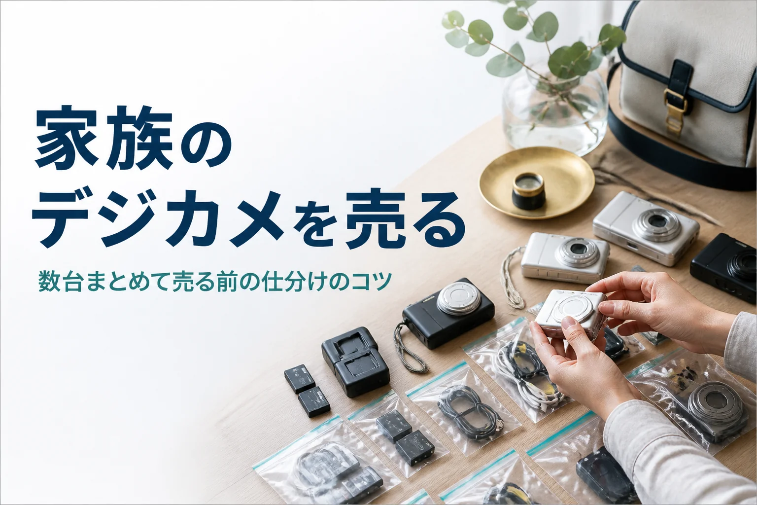 数台のコンパクトデジカメと付属品を本体ごとに仕分けている様子