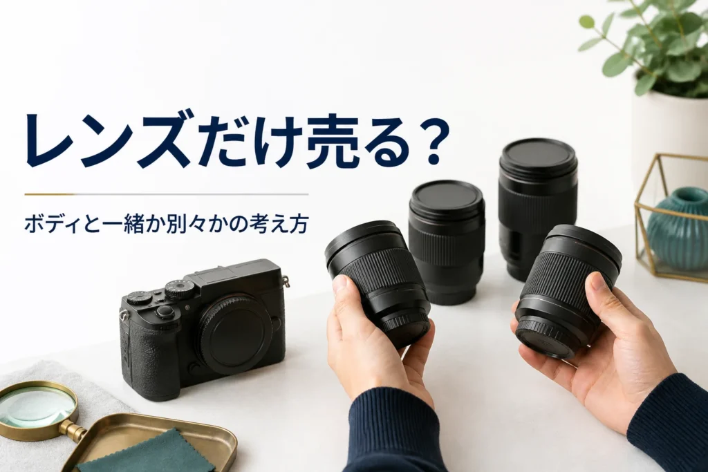 ミラーレスのボディと交換レンズを並べ、一緒に売るか別々に売るか考えている様子