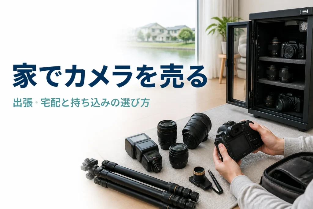 リビングに一眼レフや交換レンズ、三脚を並べ、出張買取の準備をしている様子