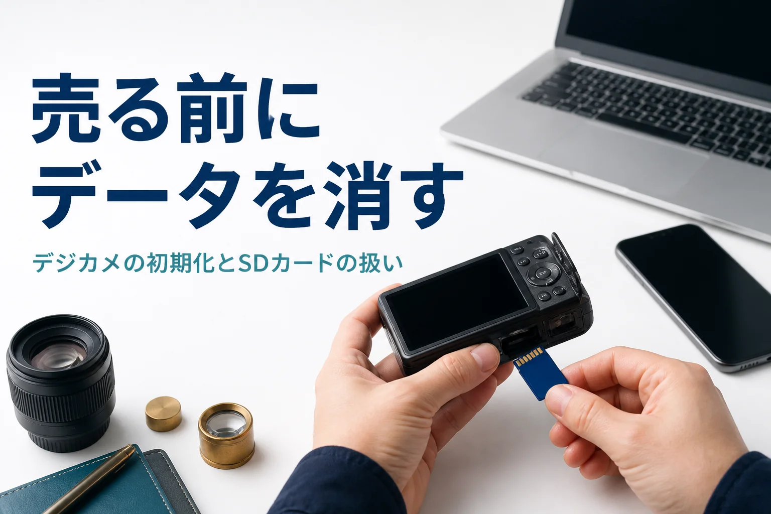 コンパクトデジカメからSDカードを抜き、売る前にデータを移している様子