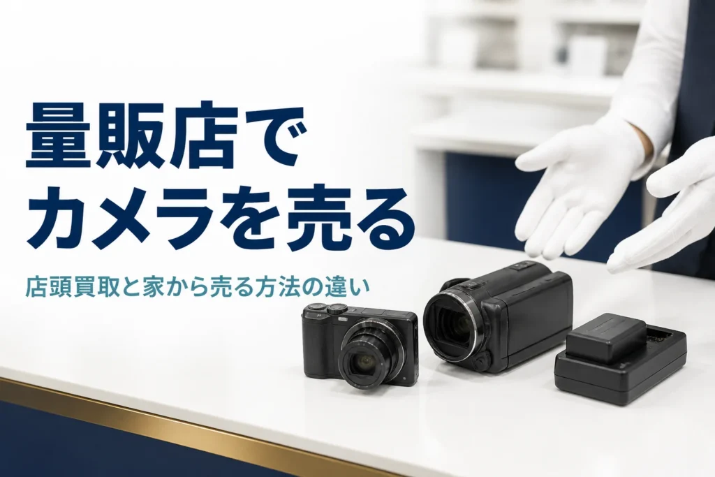 買取カウンターにデジカメとビデオカメラ、充電器を並べて査定を受ける様子