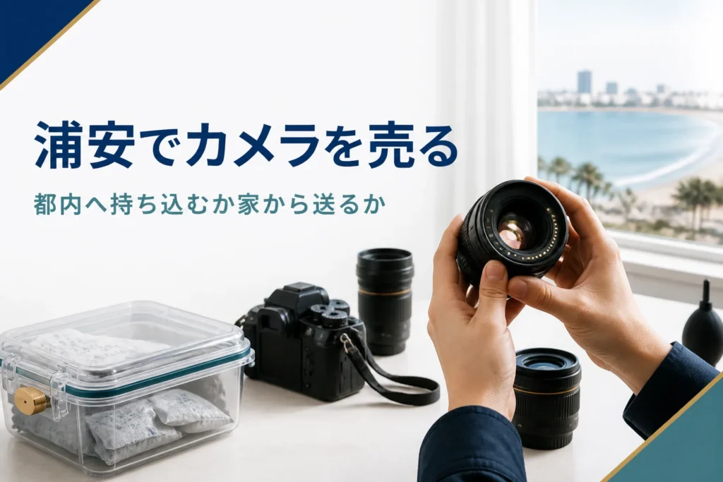 交換レンズを光にかざしてカビやクモリがないか確かめている様子
