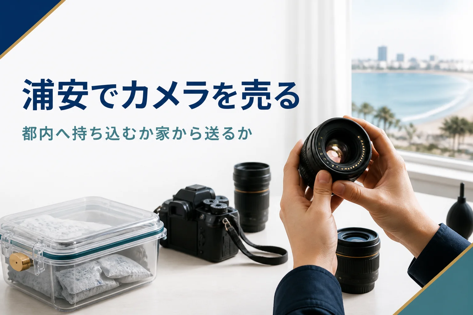 交換レンズを光にかざしてカビやクモリがないか確かめている様子