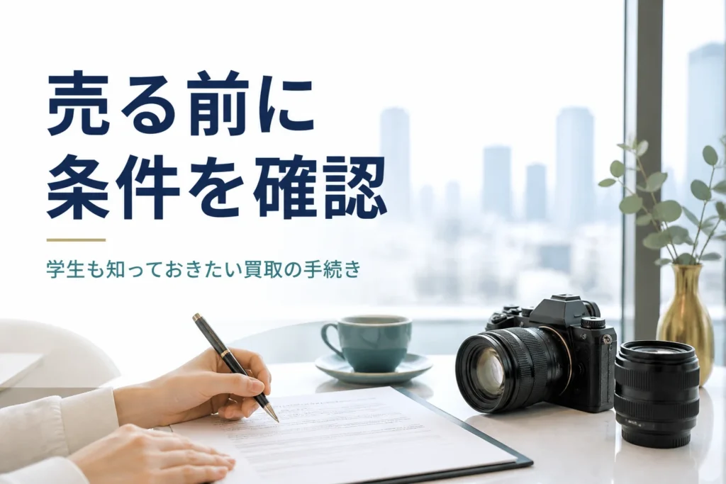 ミラーレスと書類を並べ、買取の手続きの条件を確かめている様子