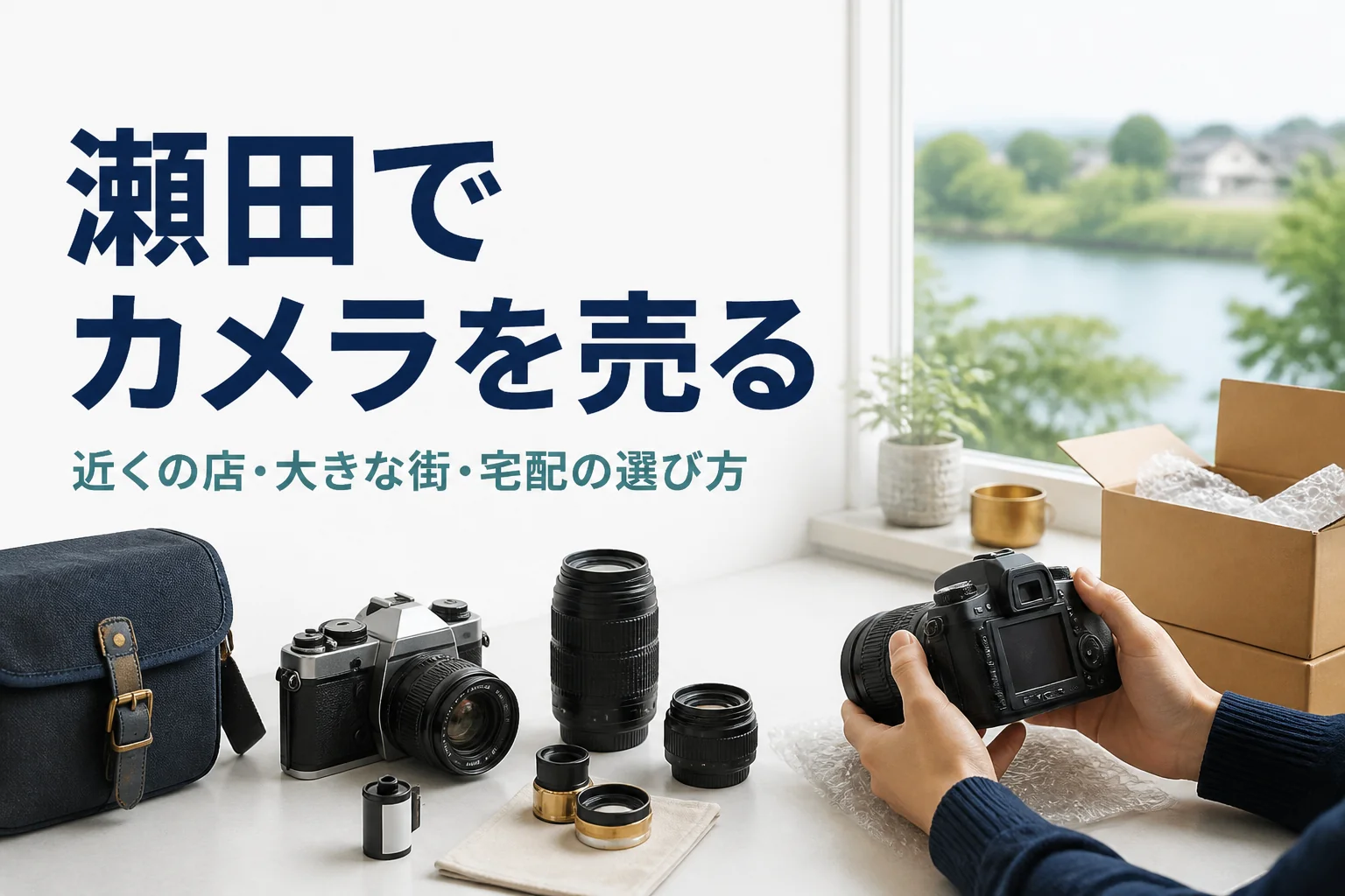 一眼レフとフィルムカメラ、交換レンズを並べ、売り方を考えている様子