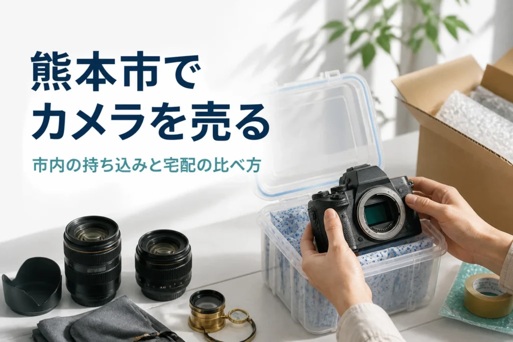 乾燥剤入りのケースから一眼レフと交換レンズを取り出し、売る準備をしている様子