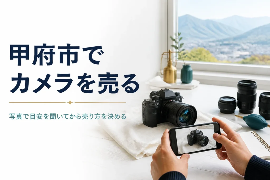 一眼レフをスマホで撮影し、写真査定の準備をしている様子