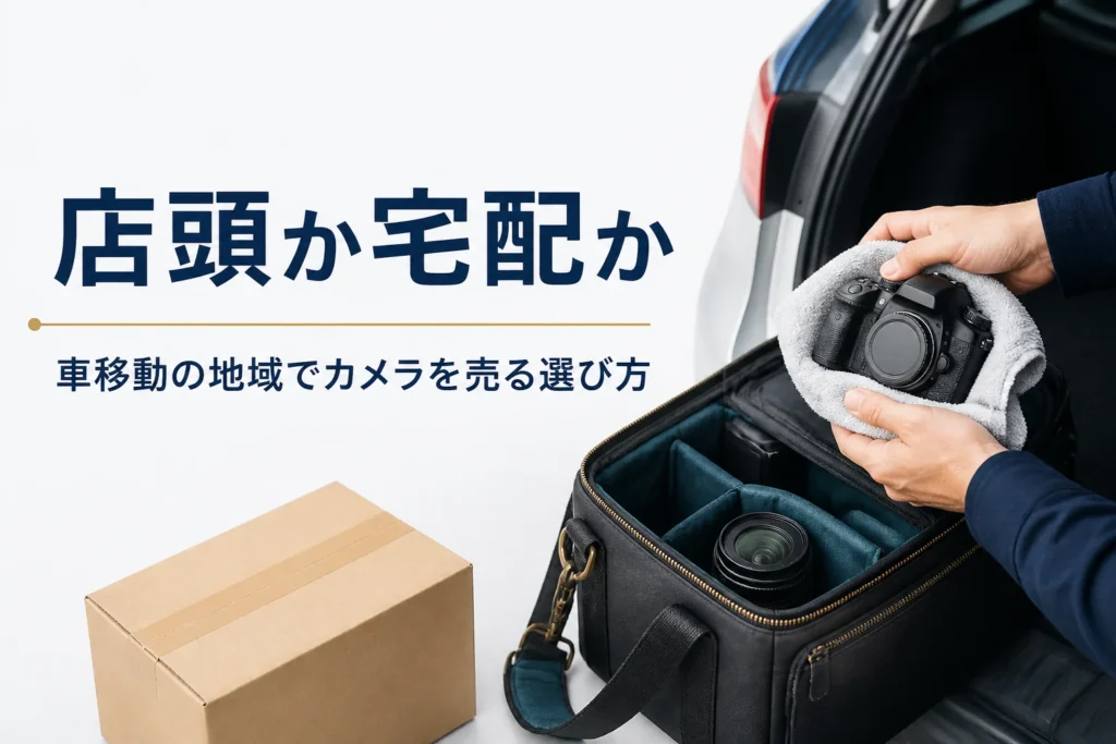 車で運ぶためにタオルで包んだ一眼レフとレンズ、宅配用の段ボール箱
