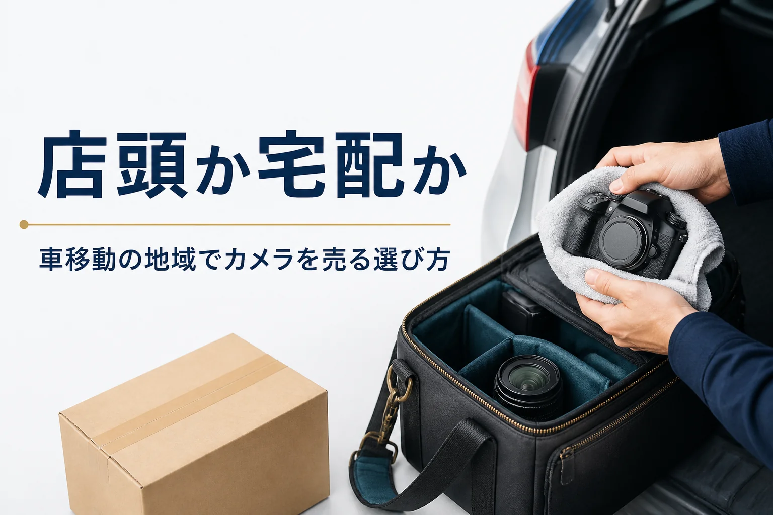 車で運ぶためにタオルで包んだ一眼レフとレンズ、宅配用の段ボール箱