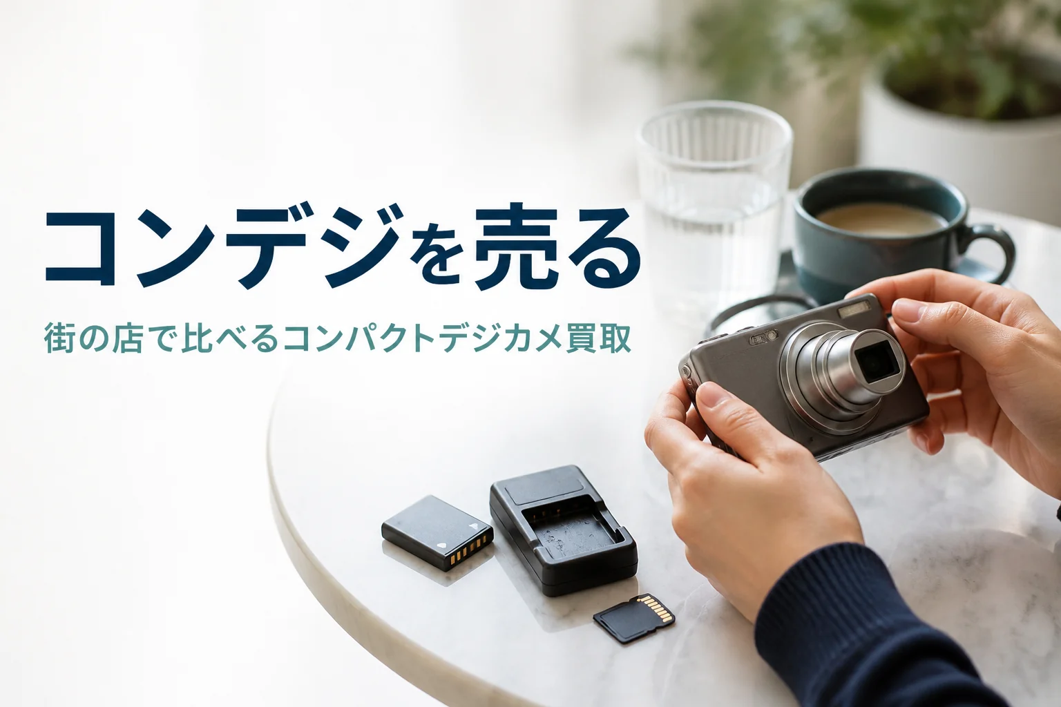 テーブルの上でコンパクトデジカメと付属品の動作を確かめる手元