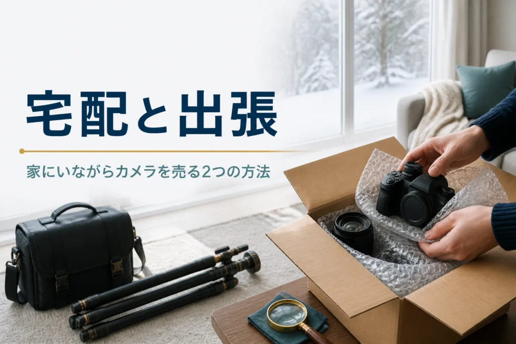 窓辺で一眼レフとレンズを段ボール箱に詰める手元