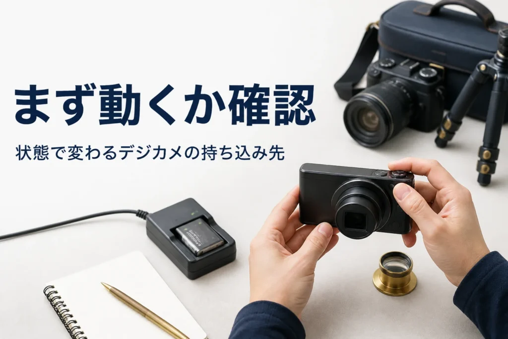 コンパクトデジカメの電源を入れて動作を確かめる手元