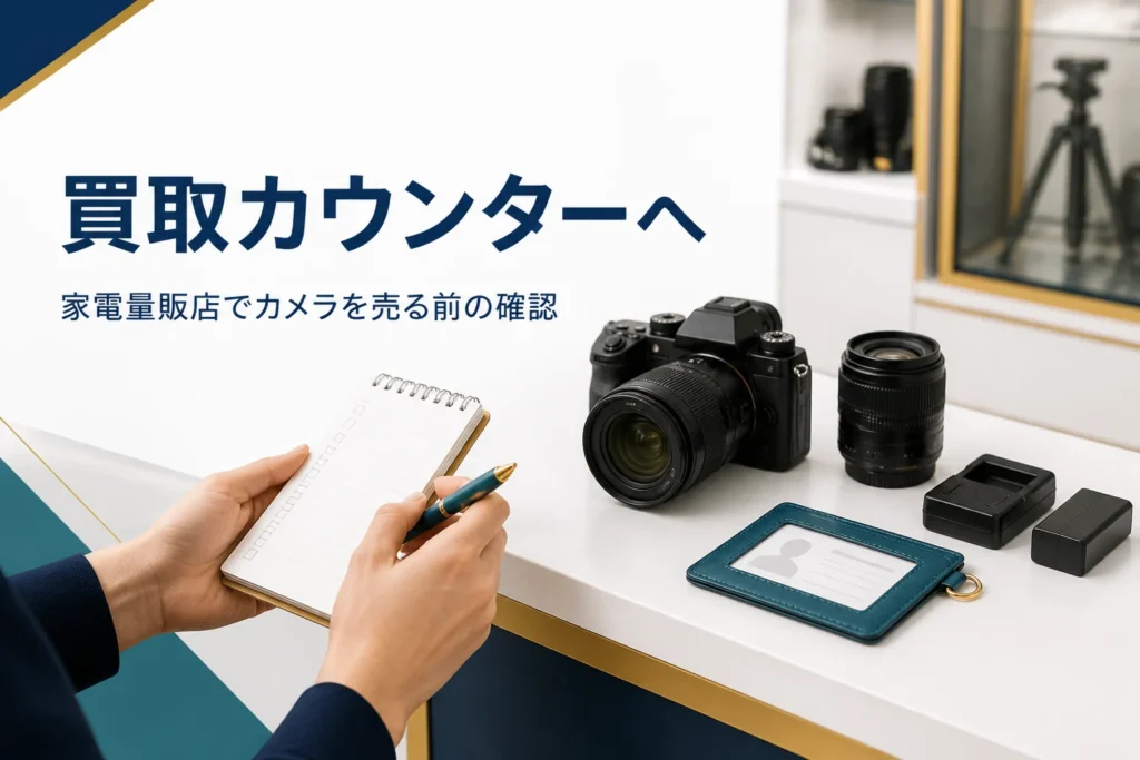 買取カウンターに一眼レフと付属品を並べて確かめる手元