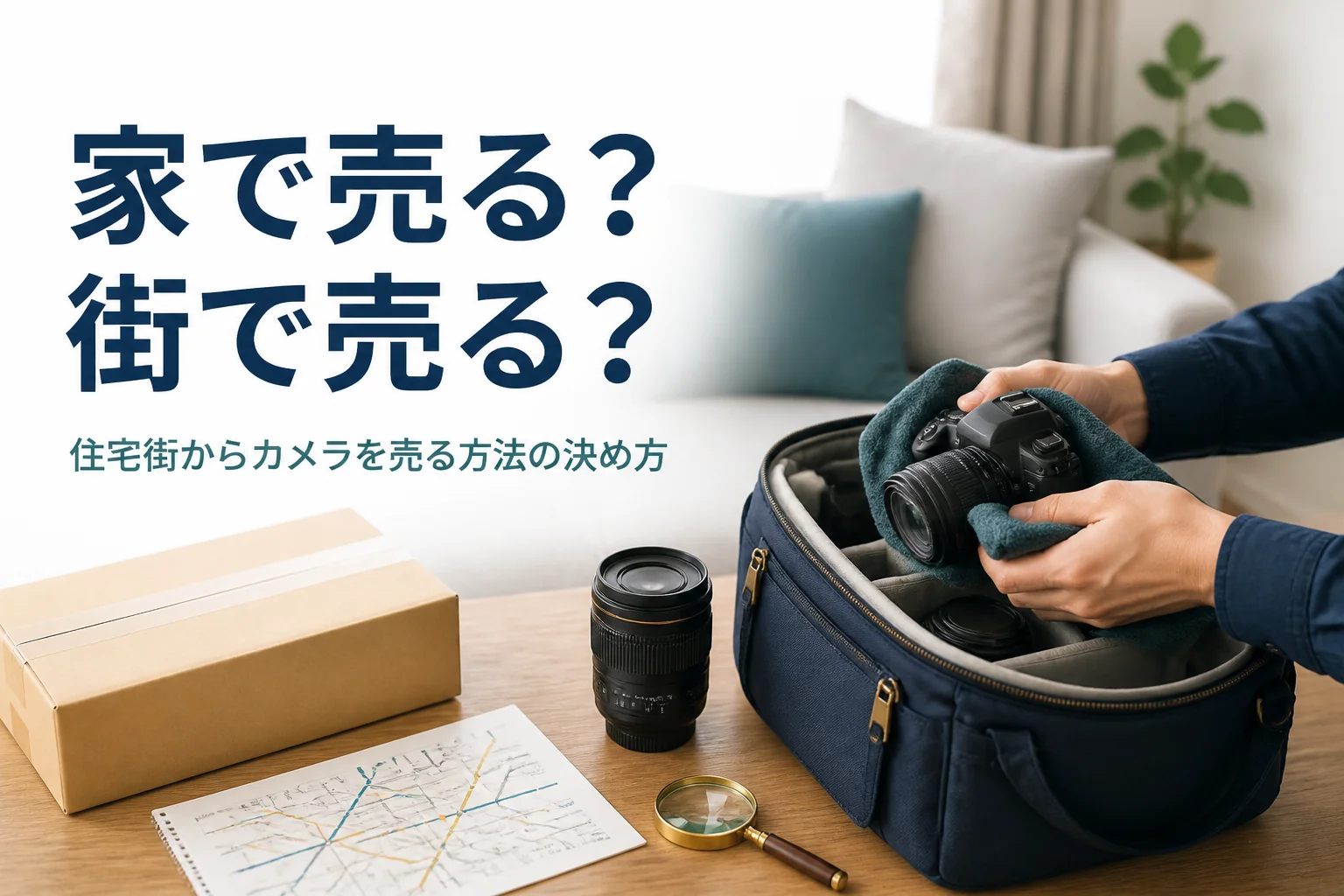 リビングで一眼レフとレンズをカメラバッグに詰める手元