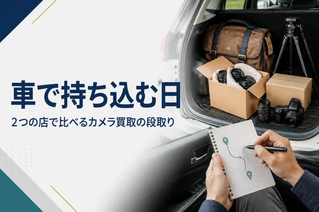 車のトランクにカメラバッグとタオルで包んだレンズを積む様子