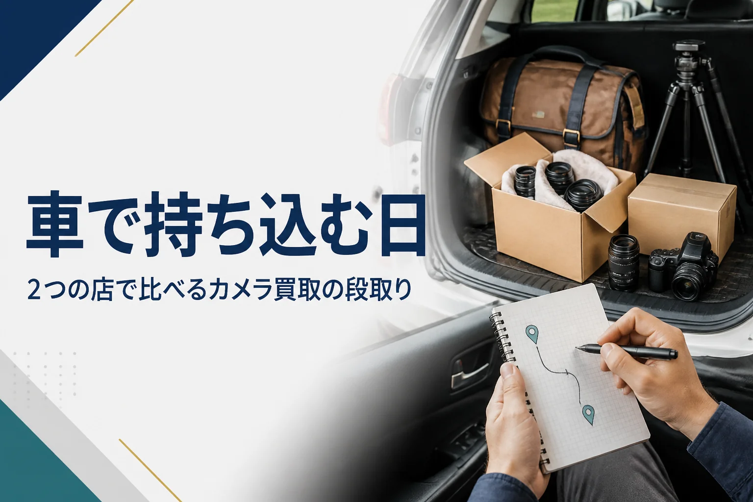 車のトランクにカメラバッグとタオルで包んだレンズを積む様子