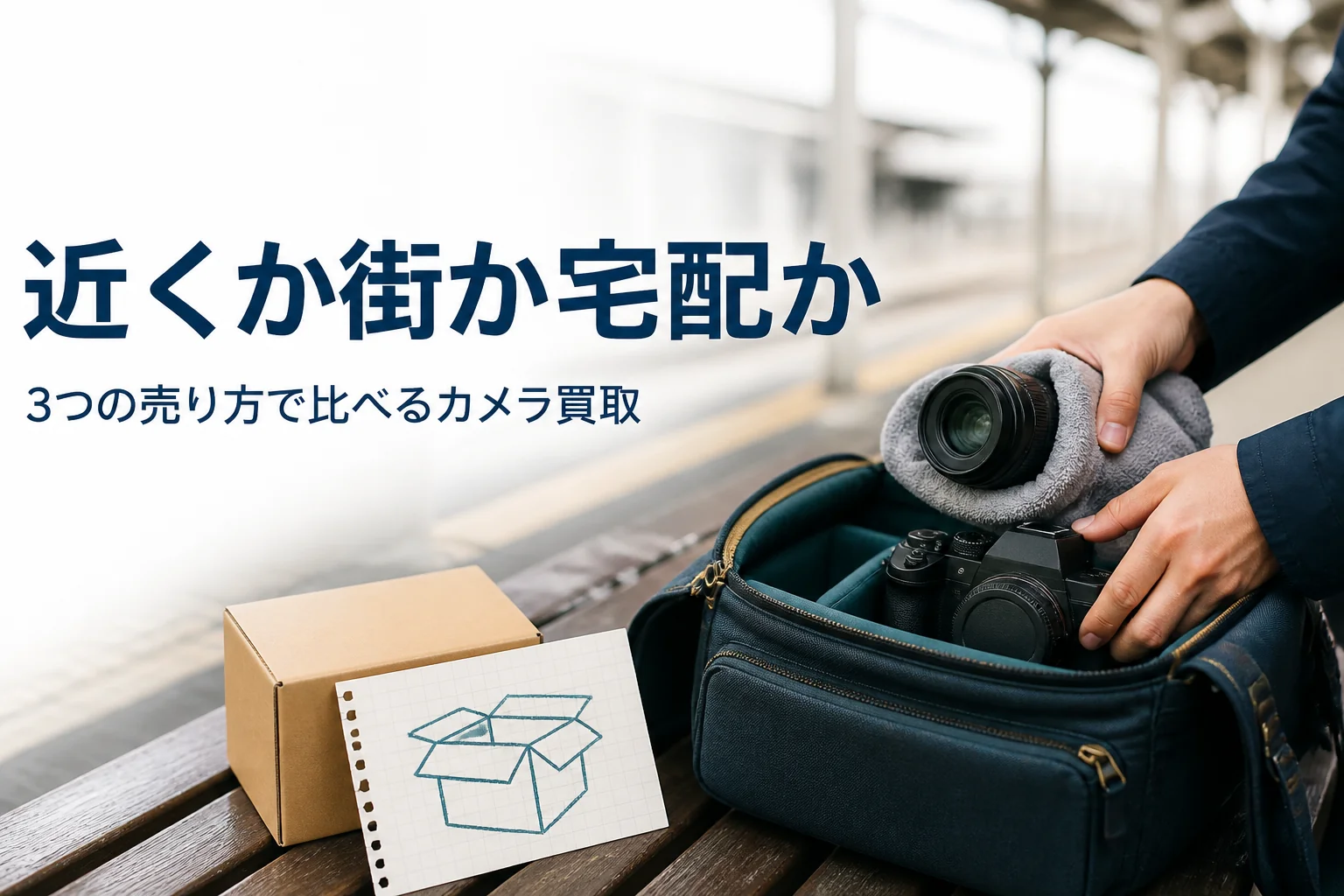 駅のベンチでミラーレスカメラとレンズをバッグにしまう手元