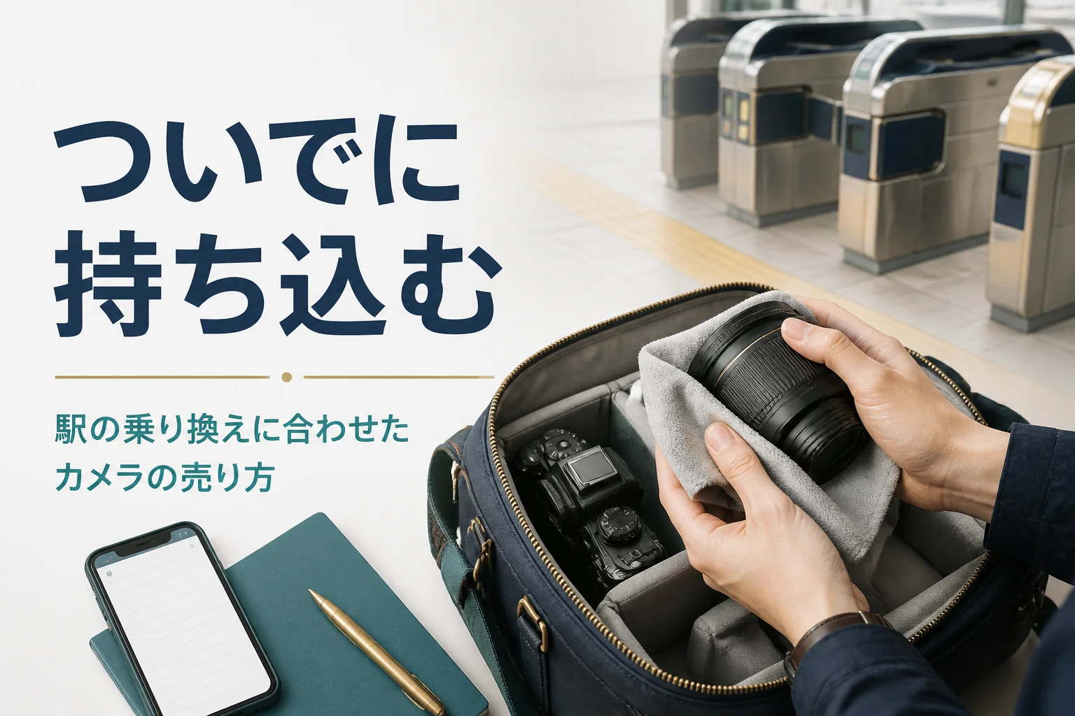 駅でカメラバッグの中のカメラとレンズを確かめる手元