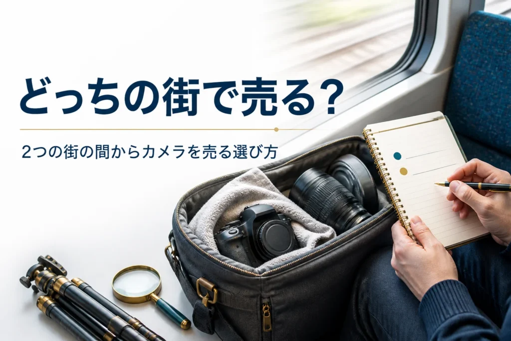 電車の中で一眼レフとレンズを入れたカメラバッグを持つ手元