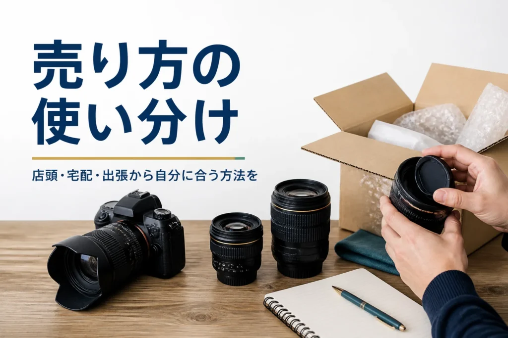 一眼レフと交換レンズを宅配用の箱に詰める準備をする手元