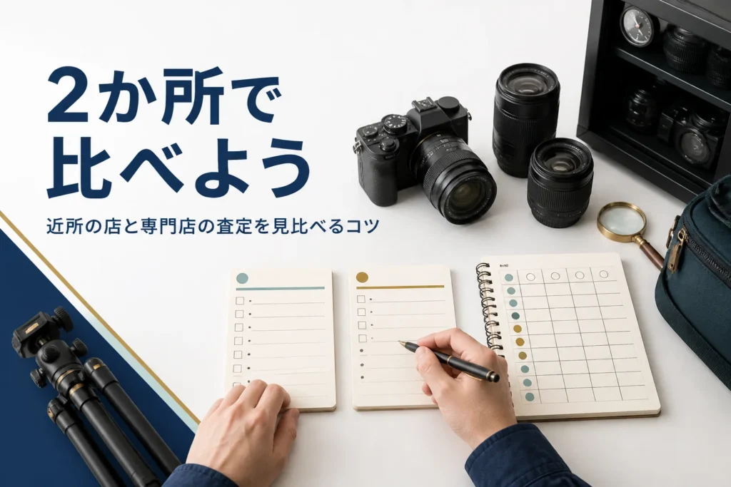 カメラの査定メモ2枚を採点表のノートで見比べる手元