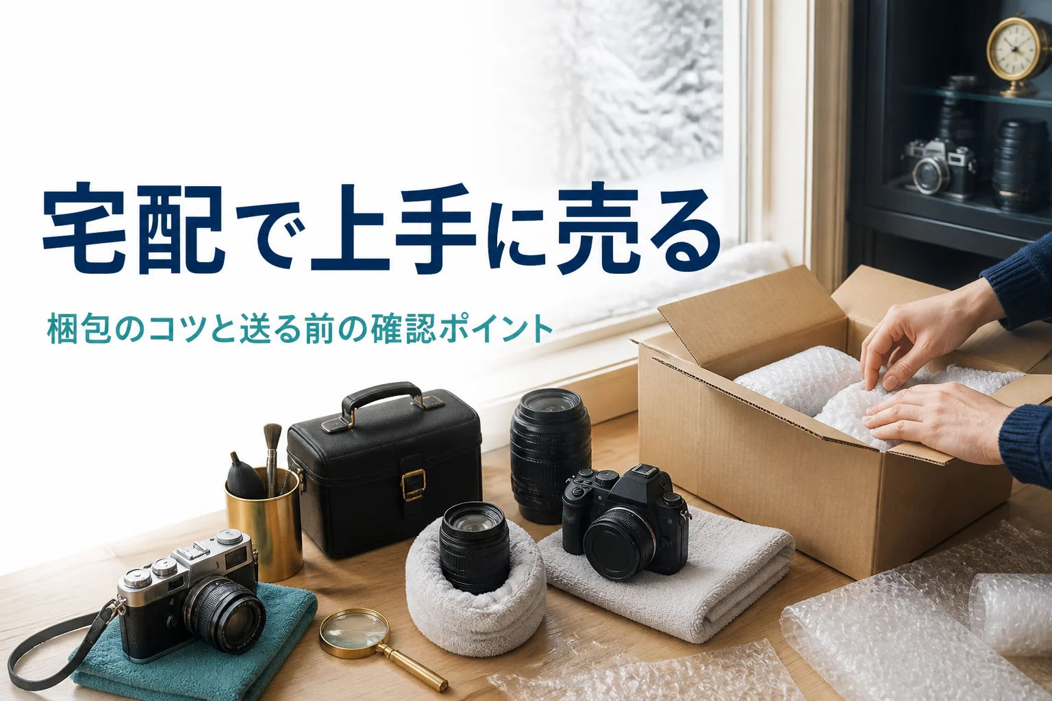 一眼レフと交換レンズを緩衝材で包み宅配用の箱に詰める手元