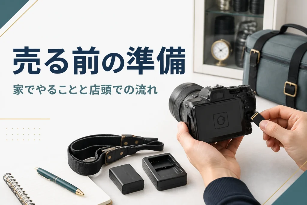 カメラからメモリーカードを抜き付属品をそろえて売る準備をする手元