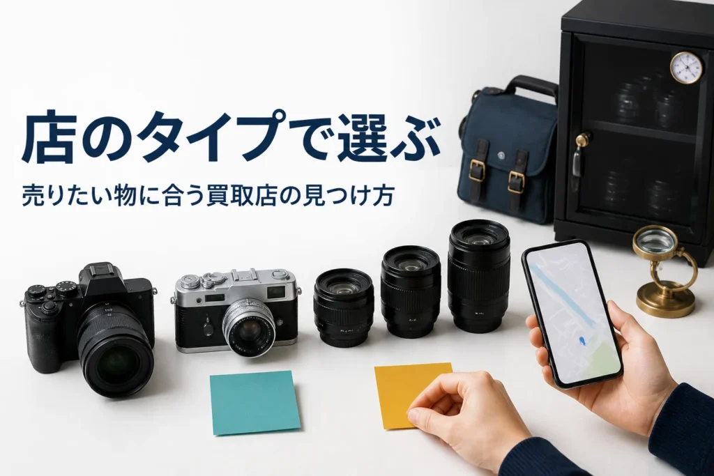 カメラとレンズを売り先ごとに付箋で分けて店を選ぶ手元