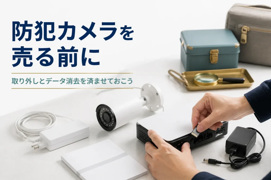 取り外した家庭用の防犯カメラと録画機を並べてメモリーカードを抜く手元