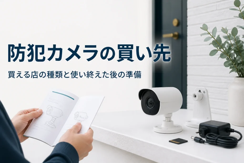 玄関先の棚に防犯カメラと取り付け金具が並んでいる様子