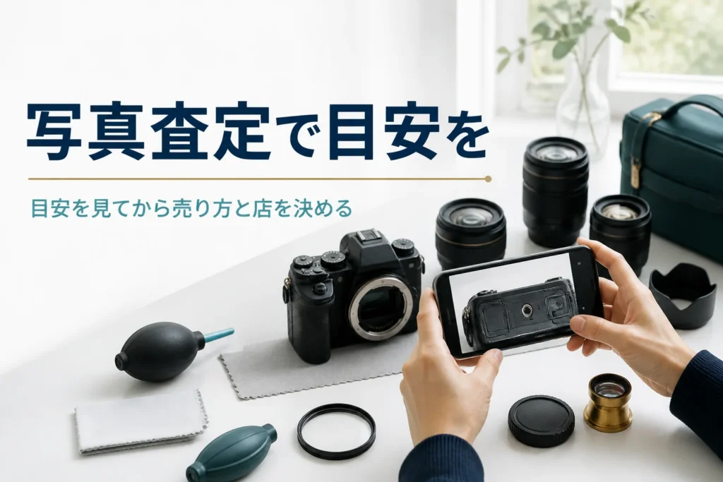 窓ぎわでスマホを使い一眼レフの写真を撮って写真査定の準備をする手元