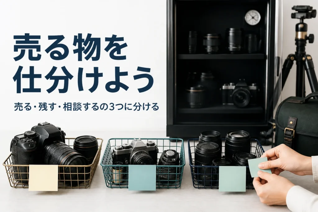 防湿庫の前でカメラとレンズを3つのかごに仕分けする手元