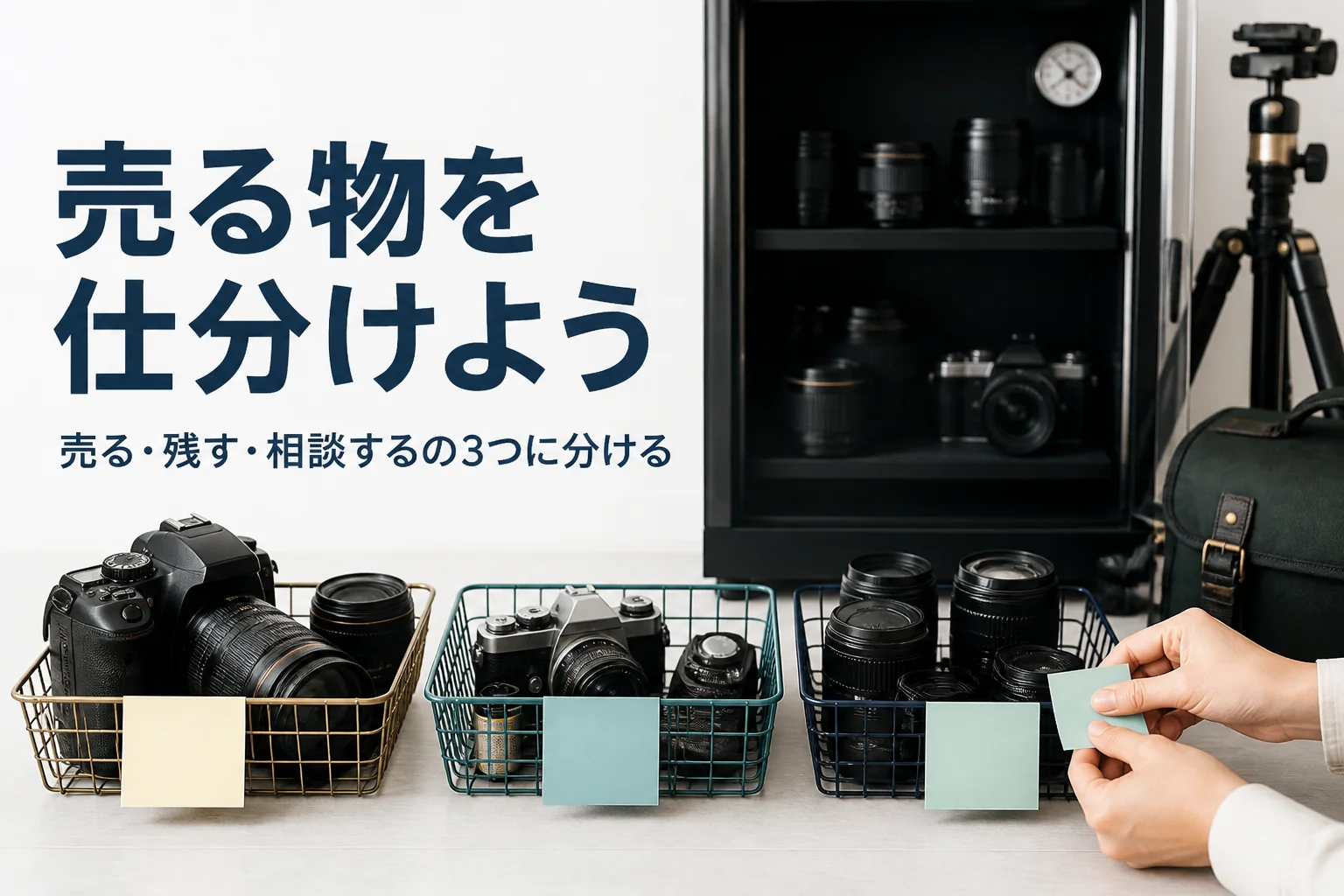防湿庫の前でカメラとレンズを3つのかごに仕分けする手元