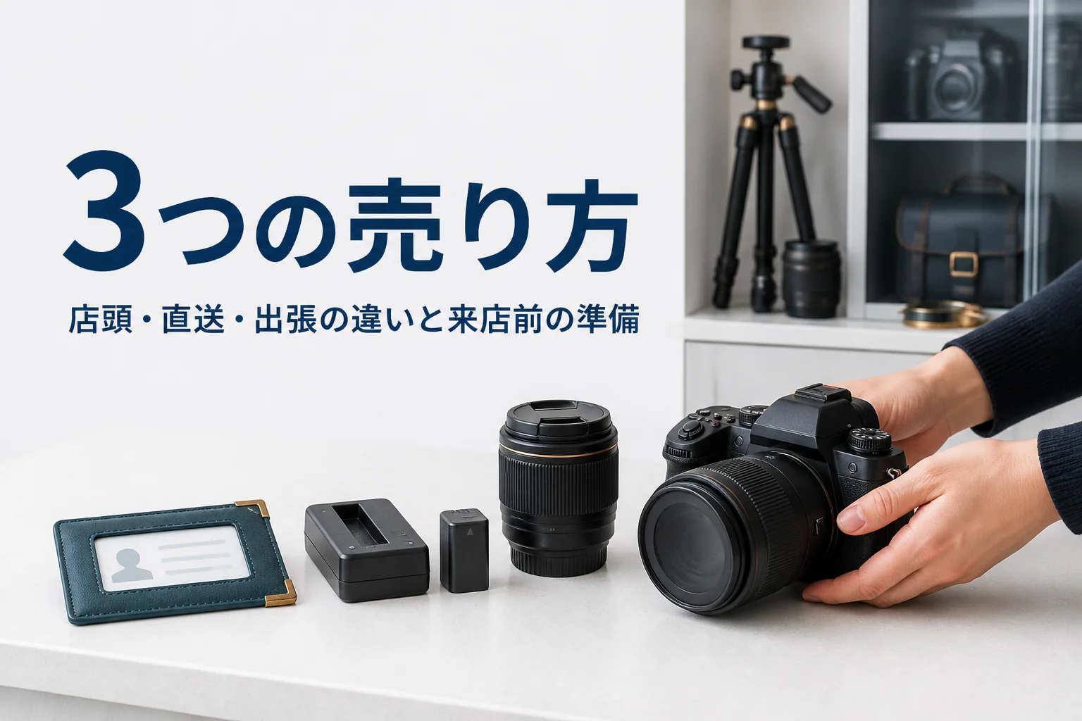 店のカウンターに一眼レフと付属品を並べて査定を頼む手元
