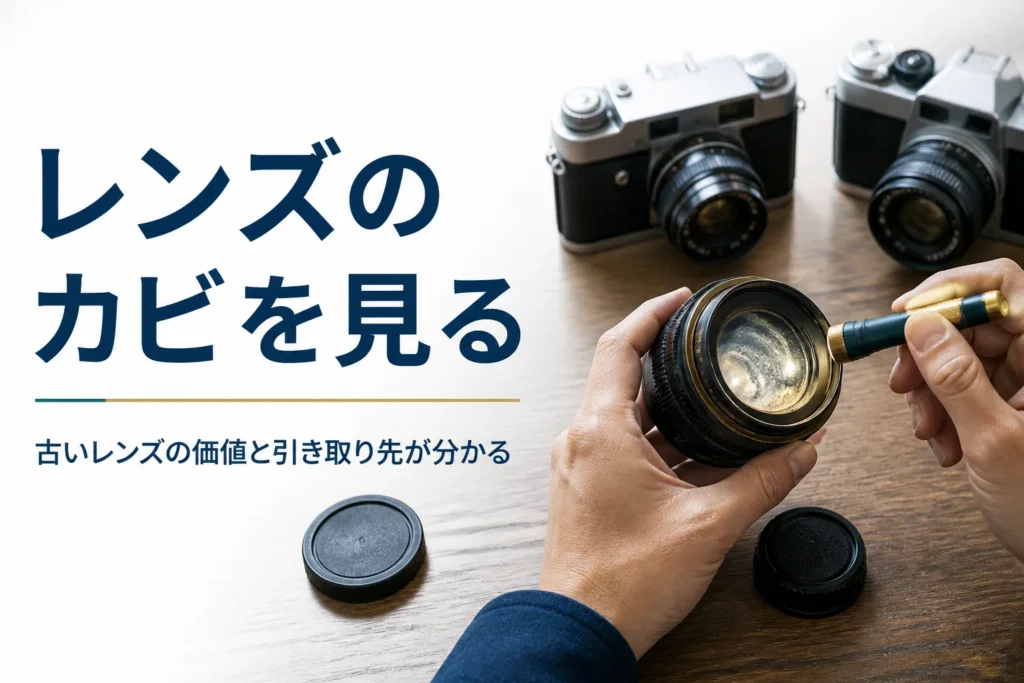 古い交換レンズをライトで透かしてカビの有無を確かめる手元